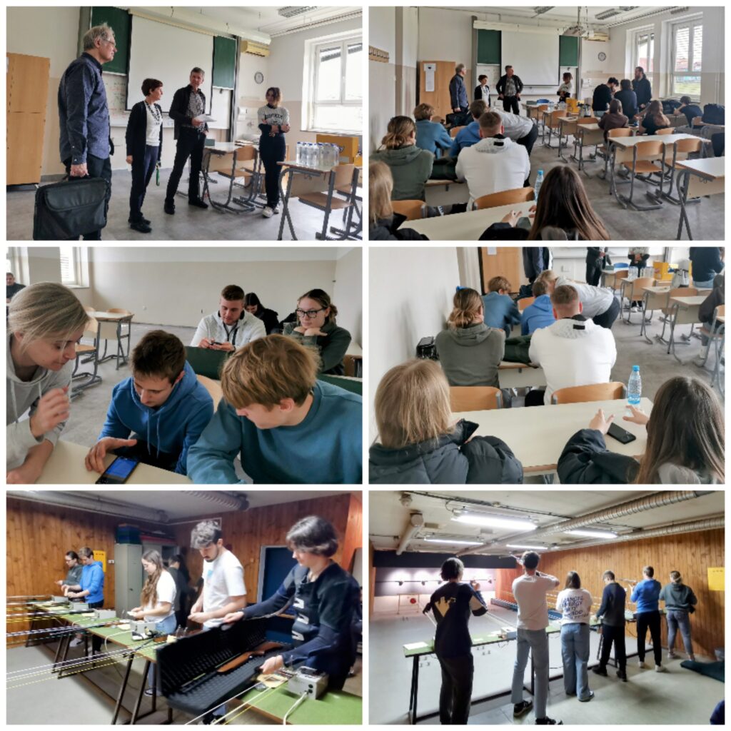 Kolaž 6 fotografij z medregijskega tekmovanja za Domijado 2025 v streljanju z zračno puško.